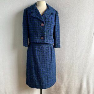 1950s 1960s Purple & Black Wool Boucle Cropped Jacket Suit